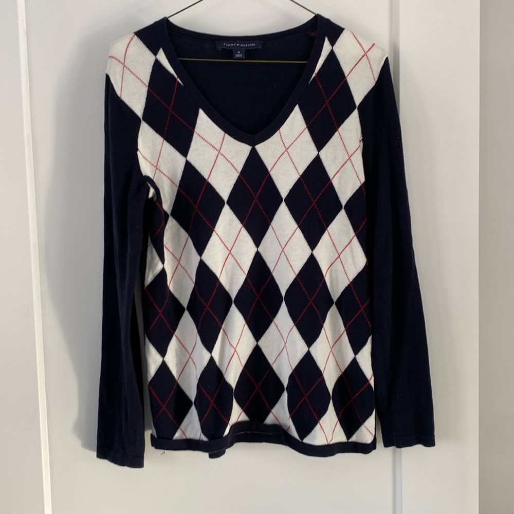 TOMMY HILFIGER cotton navy blend argyle v-neck sweater long sleeve  M